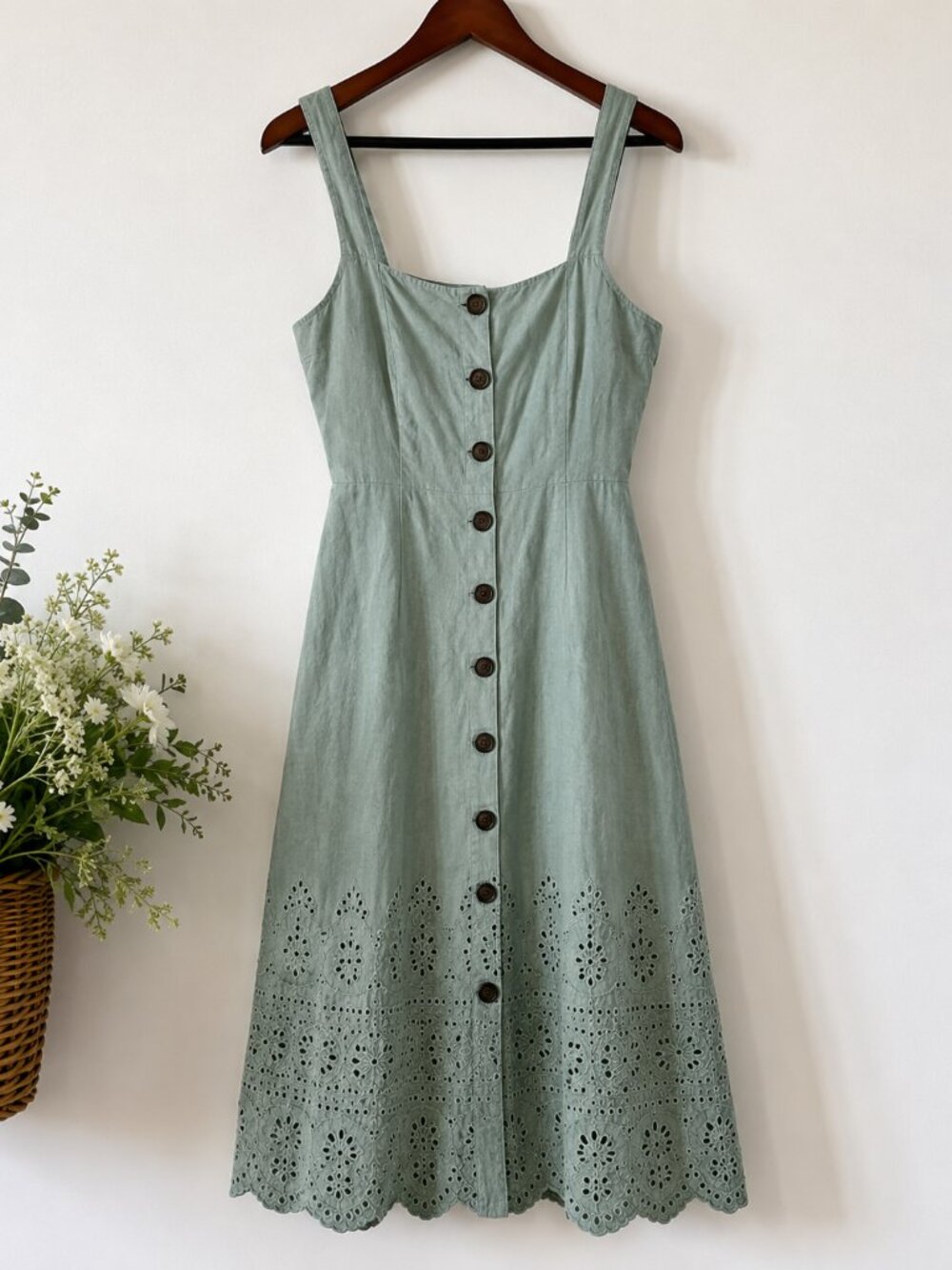 Sage Green Eyelet Midi Dress 100% cotton Preppy Cottagecore English Garden